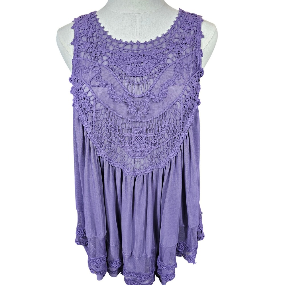 Altar'd State Purple Crochet Lace Babydoll Top Sheer Mesh Button Back Large